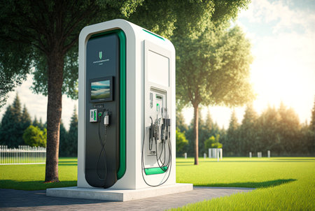 Electric car charging station for two vehicles. generative AI.の素材