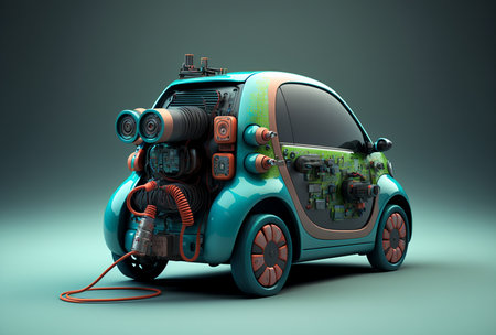 Concept of EV charger station application graphic of electric car charging. Generative AI.の素材