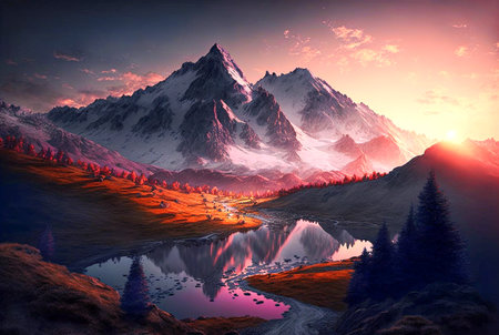 Amazing views of the mountains with Golden sunrise in the early morning. generative AI.の素材