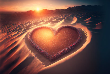 Valentines day on sunset beach. hearts drawn in sand,love concept.  Generative Ai.の素材