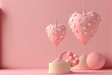 Happy valentines day with heart shape balloon, gift box,  3D rendering.  Generative Ai.の素材