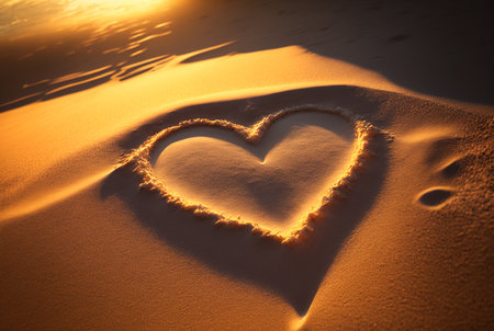 Valentines day on sunset beach. hearts drawn in sand,love concept.  Generative Ai.の素材