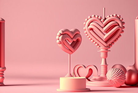 Happy valentines day with heart shape balloon, gift box,  3D rendering.  Generative Ai.の素材