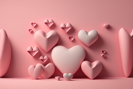 Happy valentines day with heart shape balloon, gift box,  3D rendering.  Generative Ai.の素材