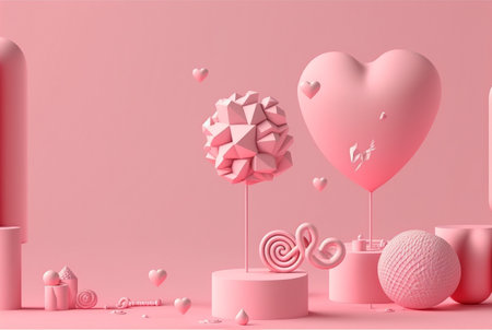 Happy valentines day with heart shape balloon, gift box,  3D rendering.  Generative Ai.の素材