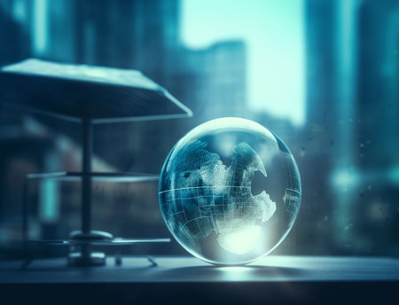 Digital abstract world globe map hologram of social network theme drawing and cityscape backgroundの素材