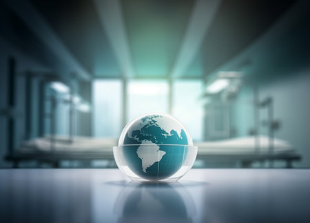 Digital abstract world globe map hologram of social network theme drawing and cityscape backgroundの素材