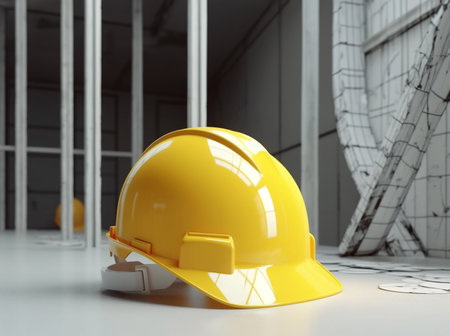 House and building construction contractors. Repair work. Building drawings. Helmet on a yellow backgroundの素材