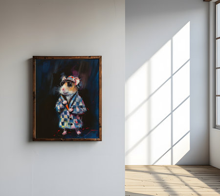 Design a chic and stylish room image. Decorated with beautiful picture frames and paintings.の素材