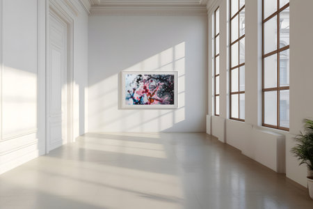 The room decorated in a minimalist style with picture frames and paintings is breathtaking.の素材