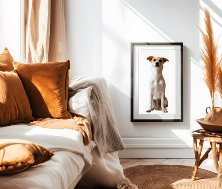 Design a chic and stylish room image. Decorated with beautiful picture frames and paintings.の素材