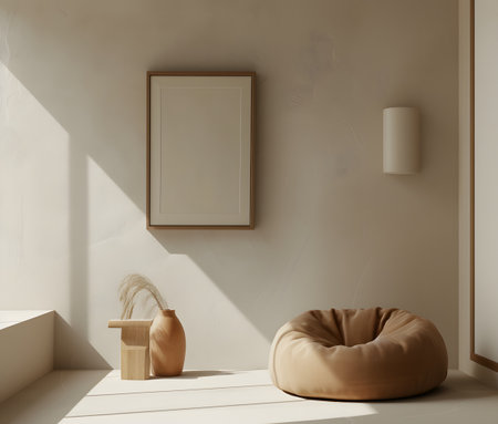Minimalist Room Featuring an Empty Frame, Serenity in Simplicity.の素材