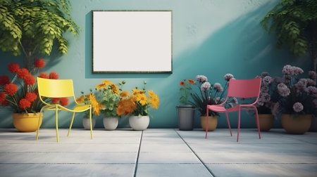 Design of space in a bright flower garden with empty photo framesの素材