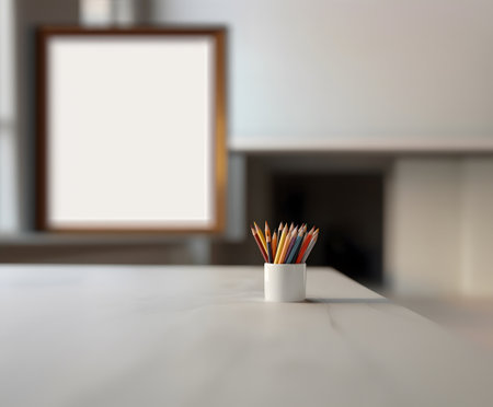 Gray leather work area in the office with office equipment.の素材
