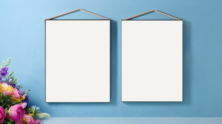 Mockup of empty photo frame on blue wall decorated with flowers and vasesの素材
