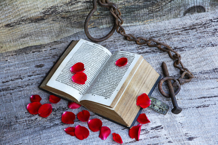 A captivating old love story of 1763. An ancient book with rose petals and chain
