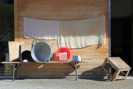 Bowls and towels for the production of cheeseの写真素材