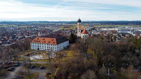 Aerial view from a drone of the town parish church of St. Martin in Marktoberdorf in Bavariaのeditorial素材