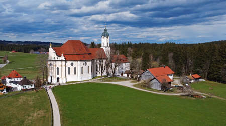 Aerial drone shot of the famous old Wieskirche church near Steingaden, Bavariaのeditorial素材