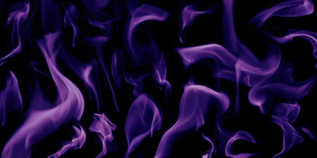 Various flames from a fire in purple against a black background