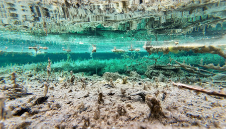 Underwater and overwater shot of a bog lake with turquoise water and rotten tree trunksの写真素材