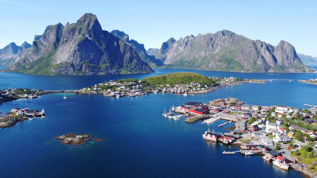 Drone photo of Reine in Lofoten in Norwayの写真素材