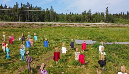 Drone photo of the straw dolls in Laplandの写真素材