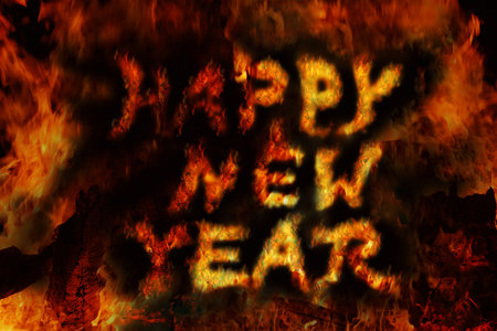 Happy New Year as a font made of fire and a background of flamesの写真素材