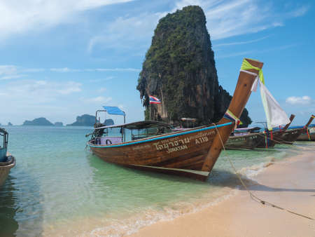 Longtail boat on Phranang beach, Railay, Krabi province, landscape orientationのeditorial素材