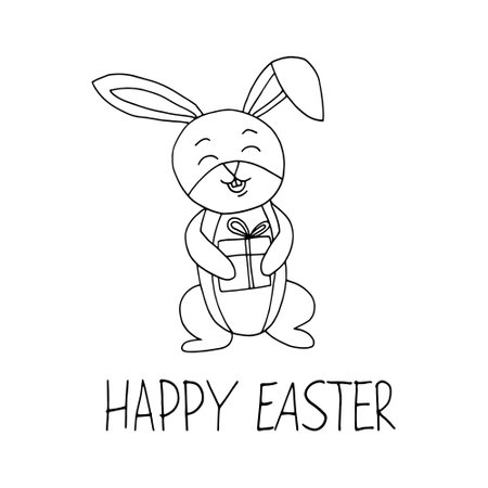 cute bunny and happy easter text hand drawn in doodle style. template card, poster. monochrome, minimalism, Scandinavianのイラスト素材