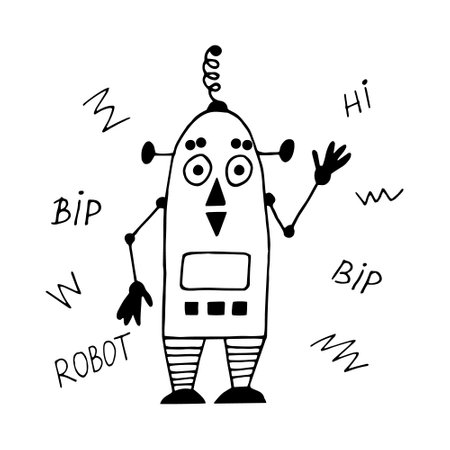 robot hand drawn in doodle style. cartoon character for kids room decor and clothesのイラスト素材