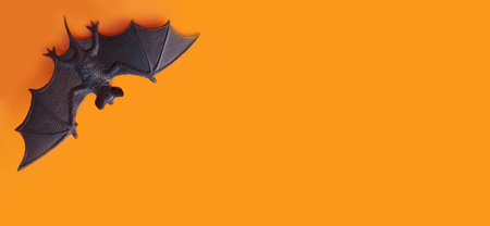 halloween banner. figurine of a bat on an orange background. copy space, place for text. animal, flyer, invitationの写真素材