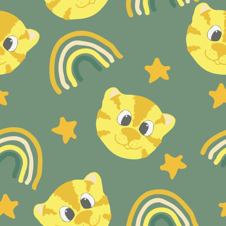 cute tiger, rainbow, stars vector seamless pattern. hand drawn. illustration for childrens wallpaper, wrapping paper, textiles. trending colors 2021 gold, yellow, green, gray. animal symbol of 2022のイラスト素材