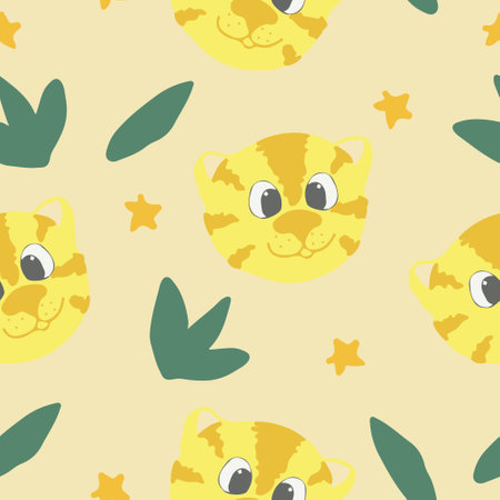 cute tiger, leaves, stars seamless pattern. hand drawn. illustration for childrens wallpaper, wrapping paper, textiles. trending colors 2021 gold, yellow, green, gray. animal symbol of 2022の写真素材