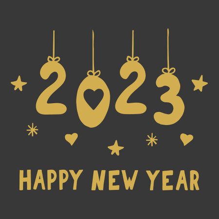 2023 happy new year, hearts, stars and snowflakes on black background. card template hand drawn in doodle style. banner, poster. holidayのイラスト素材