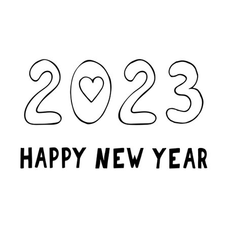 2023 happy new year, hearts on white background. card template hand drawn in doodle style. banner, poster. holidayのイラスト素材