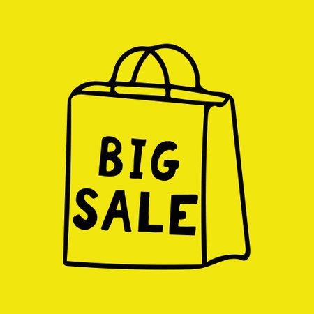 bag and lettering big sale banner, poster hand drawn vector doodle. black on yellow background. shopping, discountsのイラスト素材