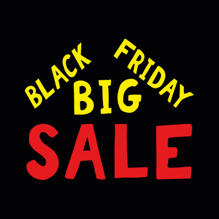big sale lettering black friday banner, poster hand drawn vector doodle. yellow, red. shopping, discountsのイラスト素材