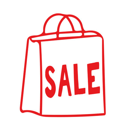 bag and lettering sale banner, poster hand drawn vector doodle. red on white background. shopping, discountsのイラスト素材