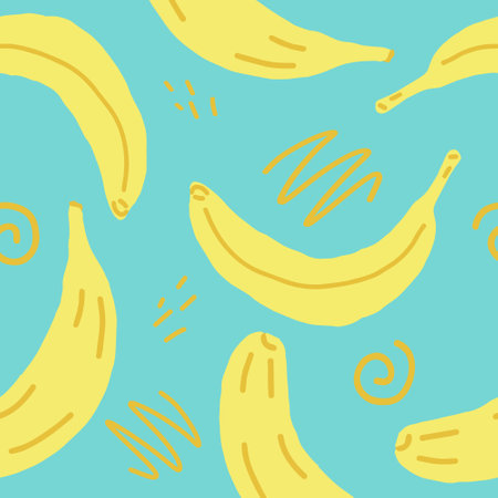 banana slices and doodles vector seamless pattern. hand drawn. illustration for wallpaper, wrapping paper, textile, background. yellow juicy summer fruitのイラスト素材
