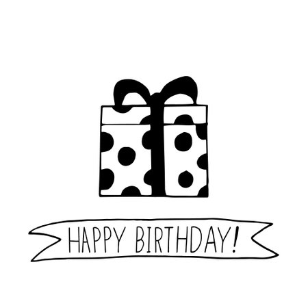 gift in box and lettering happy birthday. greeting card template. hand drawn doodle style. vector, minimalism, monochrome, sketch. ribbons, bow birthday holidayのイラスト素材