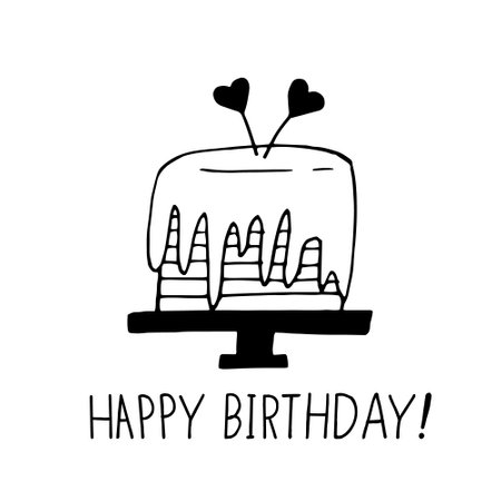 cake with hearts and lettering happy birthday. greeting card template. hand drawn doodle style. vector, minimalism, monochrome, sketch. food, sweets, dessert birthday holiday, valentine, love weddingのイラスト素材