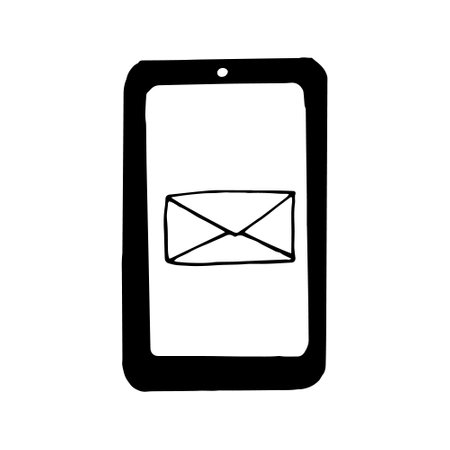smartphone with envelope on screen icon, sticker. sketch hand drawn doodle style. vector, minimalism, monochrome. telephone, social networks, technology electronics message letter communicationのイラスト素材