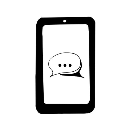 smartphone with speech cloud on screen icon, sticker. sketch hand drawn doodle style. vector, minimalism, monochrome. phone, social media, networks, blogger, blog, blogging, technology electronics chat communicationのイラスト素材