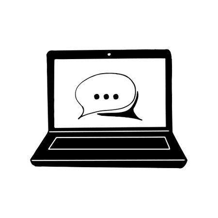 laptop with speech cloud on screen icon. sketch hand drawn doodle style. vector, minimalism, monochrome. social media, network, chat, blog, blogging, technology, electronics communication messageのイラスト素材