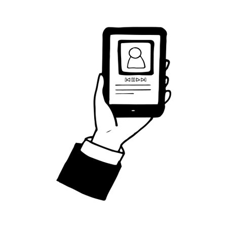 phone in hand. drawn. webinar, podcast, watching video on a smartphone, conference, broadcast, social media. vector scandinavian minimalism monochrome icon stickerのイラスト素材
