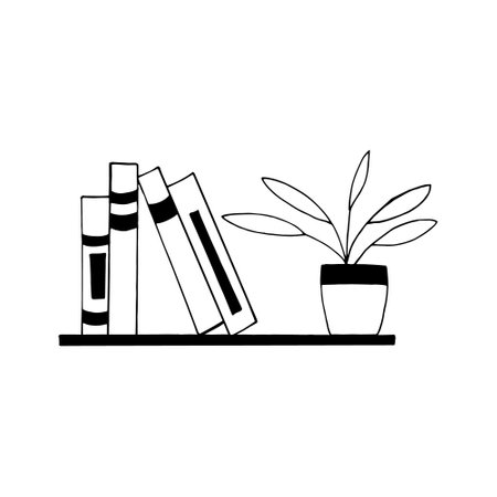 books are on a shelf with a flower in a pot icon. sketch hand drawn doodle style. vector, minimalism, monochrome. living room, interior, home, study, reading, libraryのイラスト素材