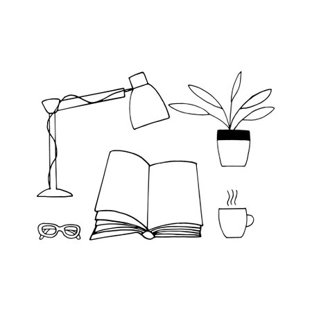 the book is open, a table lamp, glasses, tea, a flower in a pot. reading concept. sketch hand drawn doodle style. vector, minimalism, monochrome. hobbies, learningのイラスト素材