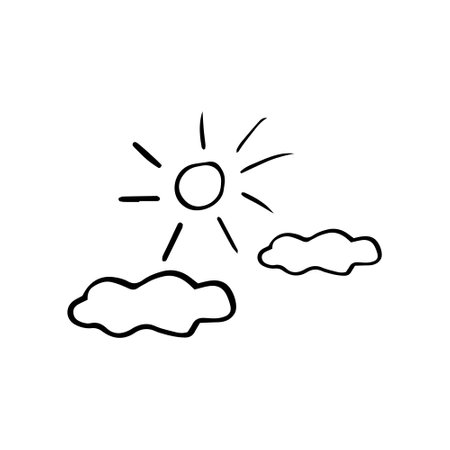 sun and clouds icon. hand drawn doodle style. vector, minimalism, monochrome, sketch. sky, weather simple naive childishのイラスト素材