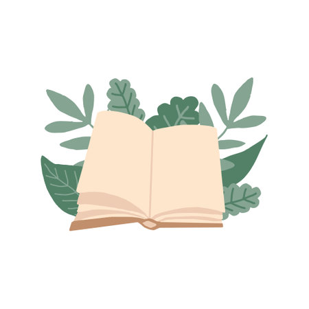 book and leaves hand drawn in trending color 2021. scandinavian hygge. cozy home. library, learning, reading, copy space, place for textのイラスト素材